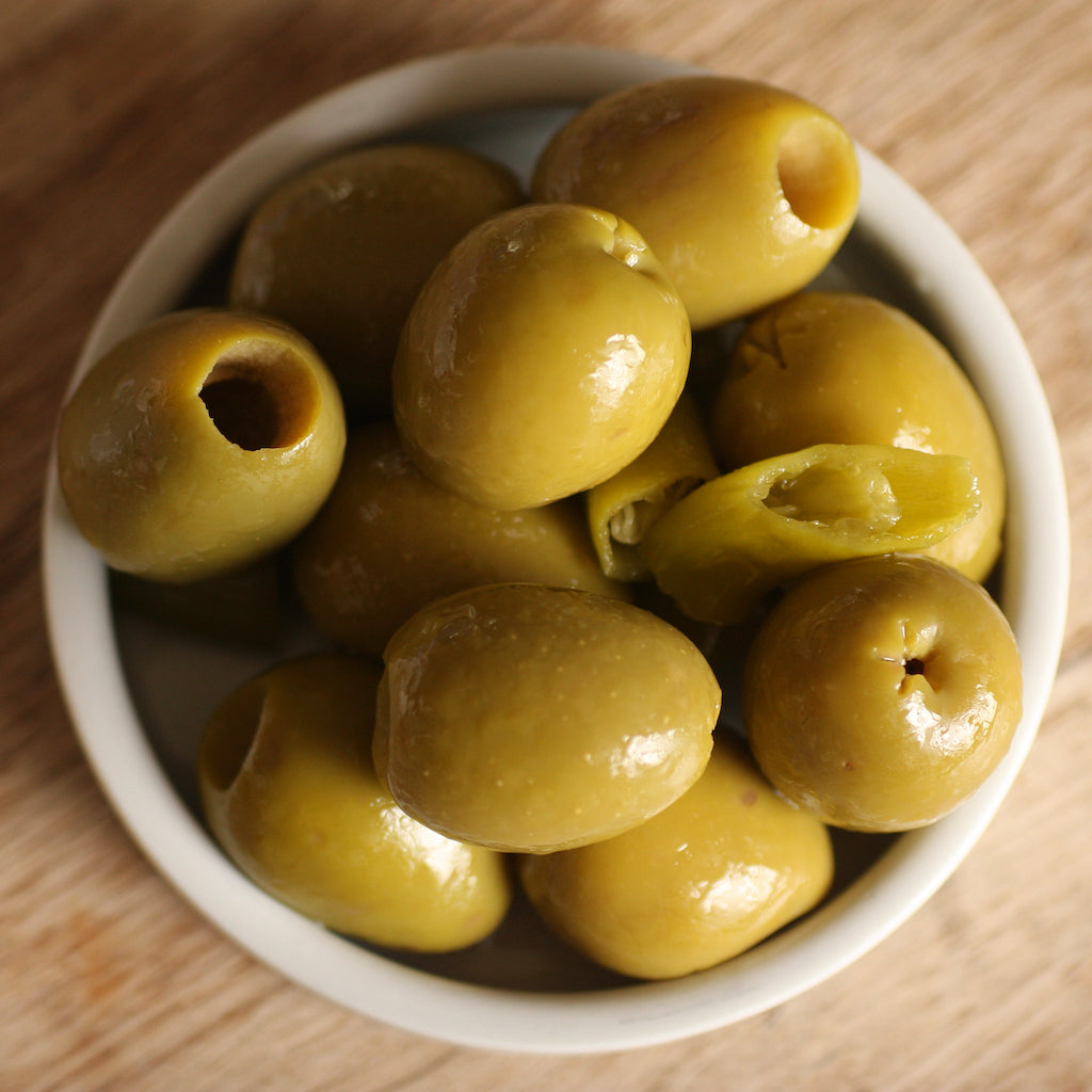 A pot of smoked olives