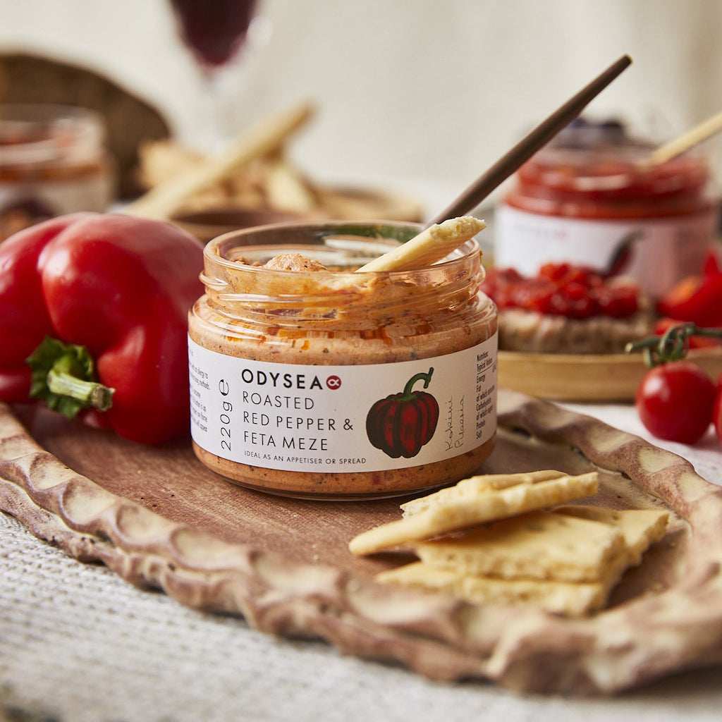 A jar of red pepper and feta meze