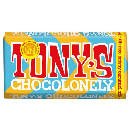 A bar of Tony's Chocolonely Milk Rice Crispy Caramel