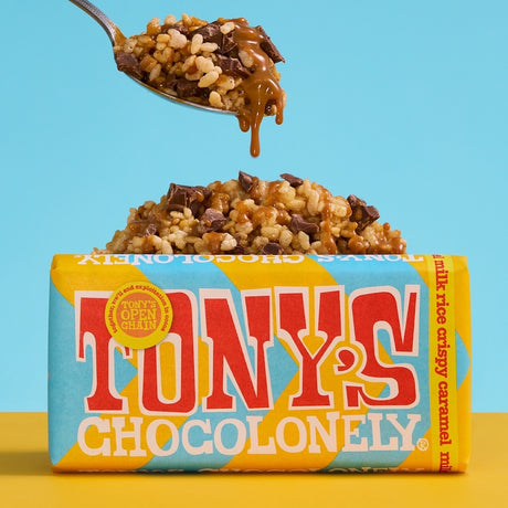 A bar of Tony's Chocolonely Milk Rice Crispy Caramel